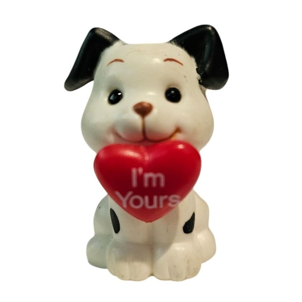 Russ Berrie Mini Figurine Valentine Dog Black White Im Yours Heart 1.5" Vtg
